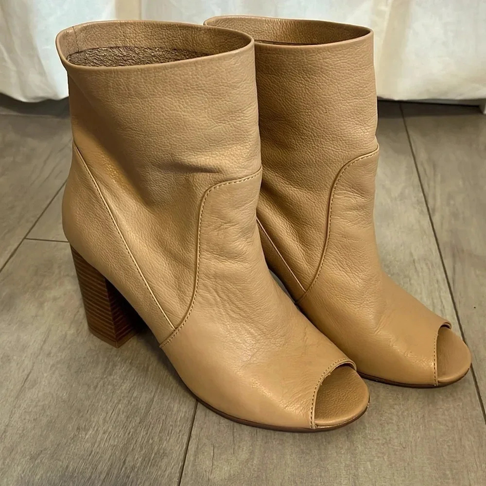 CHINESE LAUNDRY Soft Leather Open-Toe Block Heel Ankle Boots, Size 8.5